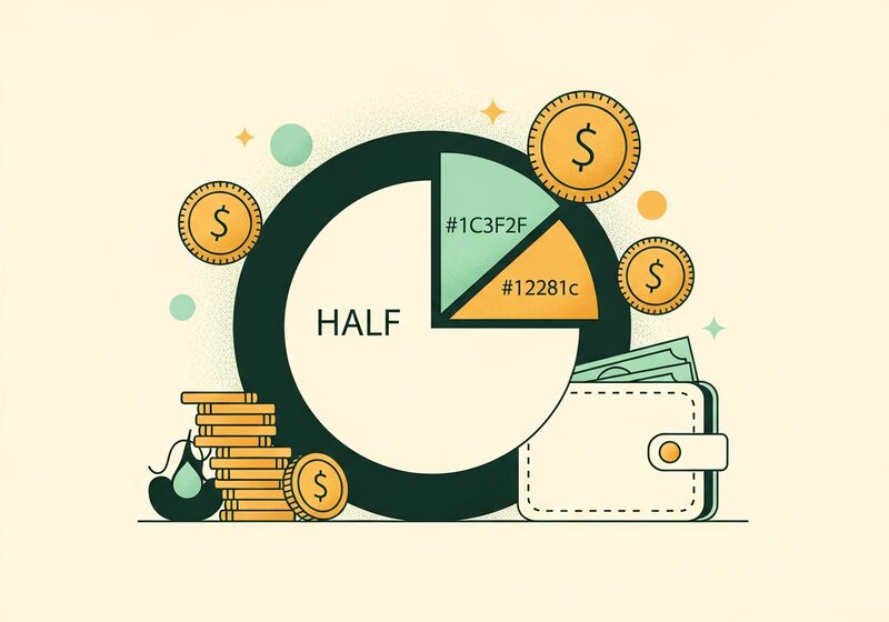 Illustration of a pie chart split into three budget slices beside coins and a wallet
