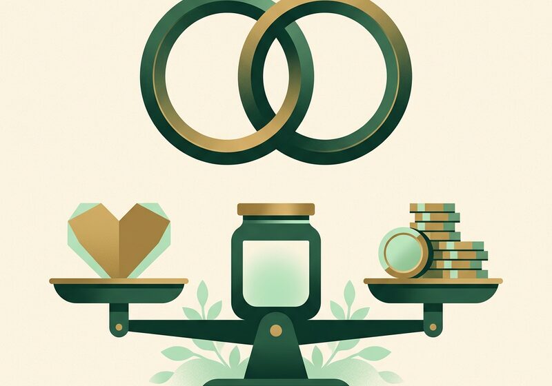 Illustration of two interlocking wedding rings above a balanced scale holding a heart and coins
