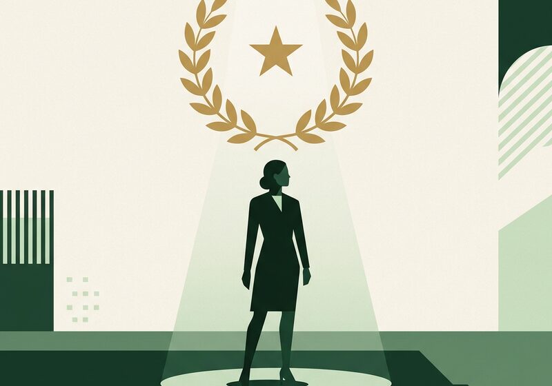 Illustration of a confident figure in a spotlight beam with a laurel wreath and rising star