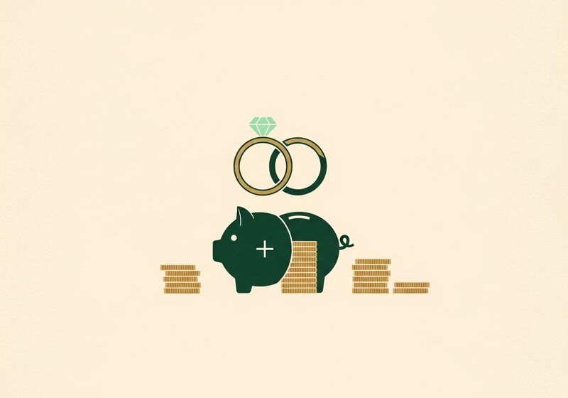 Illustration of two interlocking rings above coin stacks merging into one shared piggy bank