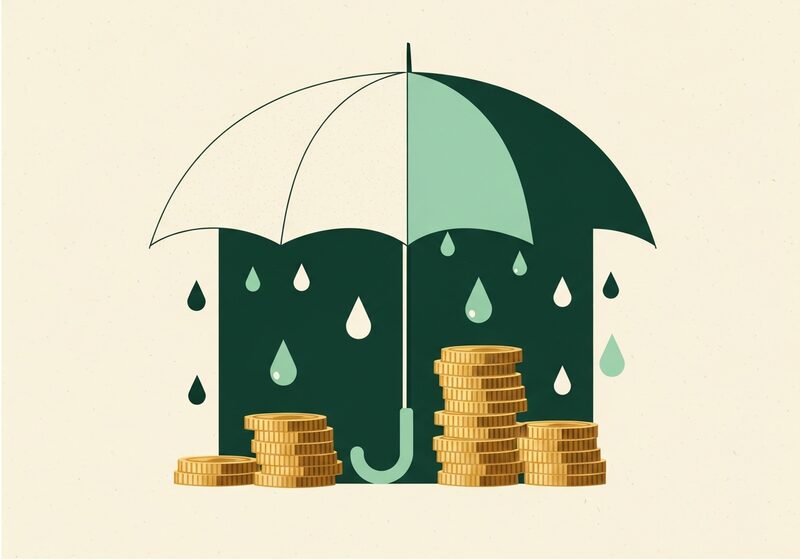 Illustration of an umbrella sheltering stacks of coins from falling rain