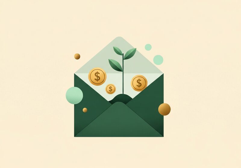 Illustration of a paycheck envelope opening with coins and a sprouting plant