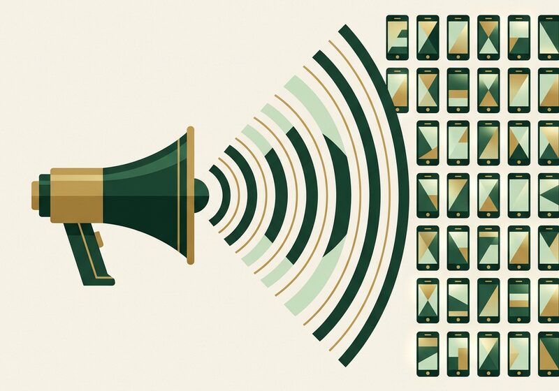 Illustration of a megaphone radiating sound waves toward a grid of glowing phone screens