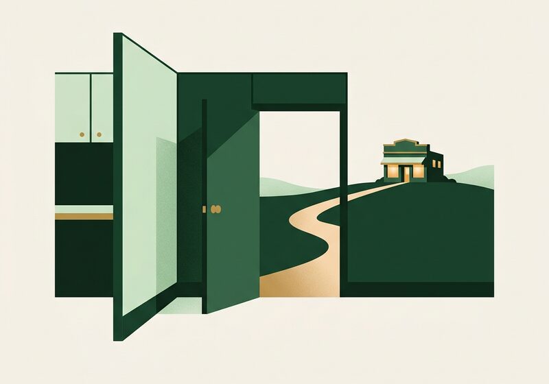 Illustration of an open door in an office cubicle leading to a sunlit path toward a storefront