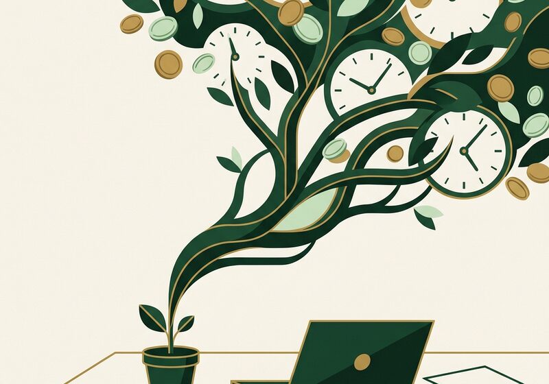 Illustration of a seedling on a desk growing into a large tree with clock and coin leaves