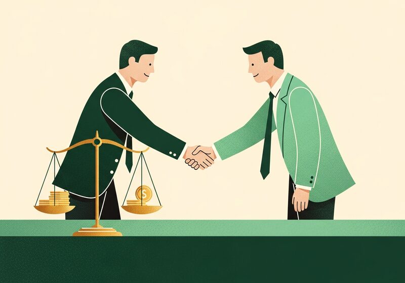 Illustration of two figures shaking hands over a balanced scale holding coins