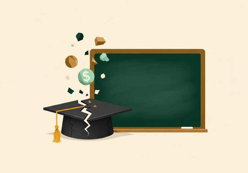 Illustration of a cracked graduation cap beside a broken chalkboard