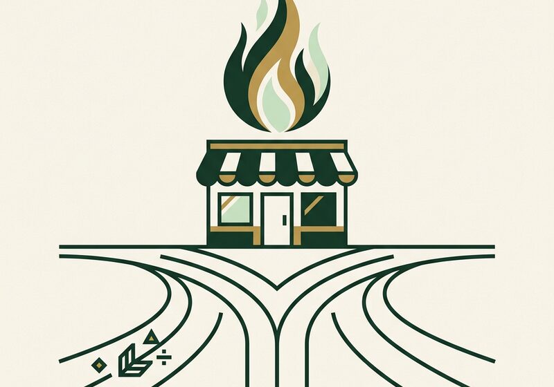 Illustration of a storefront with a phoenix flame rising above a forking path