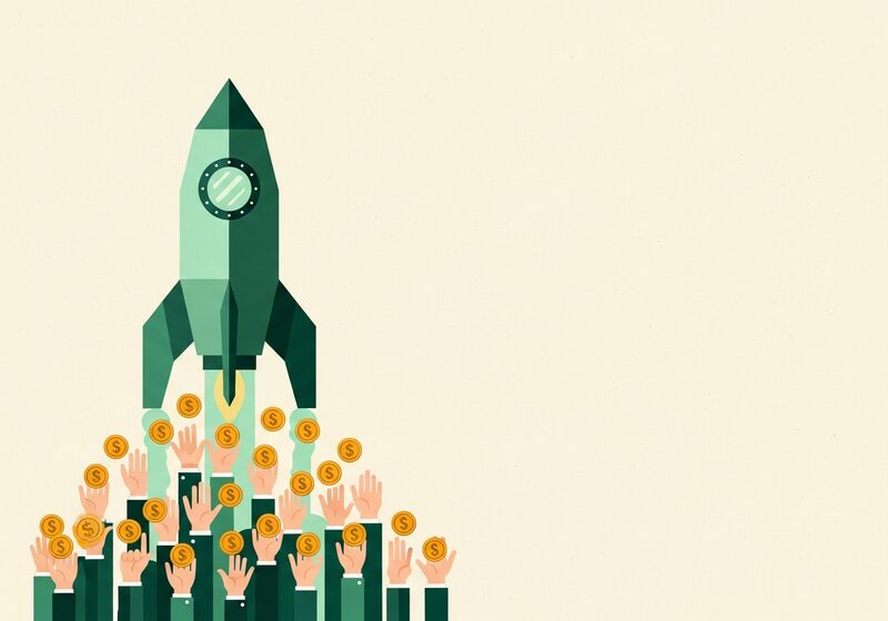 Illustration of a rocket ship lifted by many small hands and golden coins