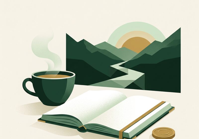 Illustration of a tea cup, open journal, and a mountain path leading toward a sunrise