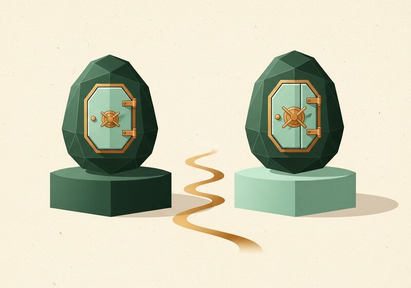 Illustration of two vault-style nest eggs on pedestals with a forking golden path