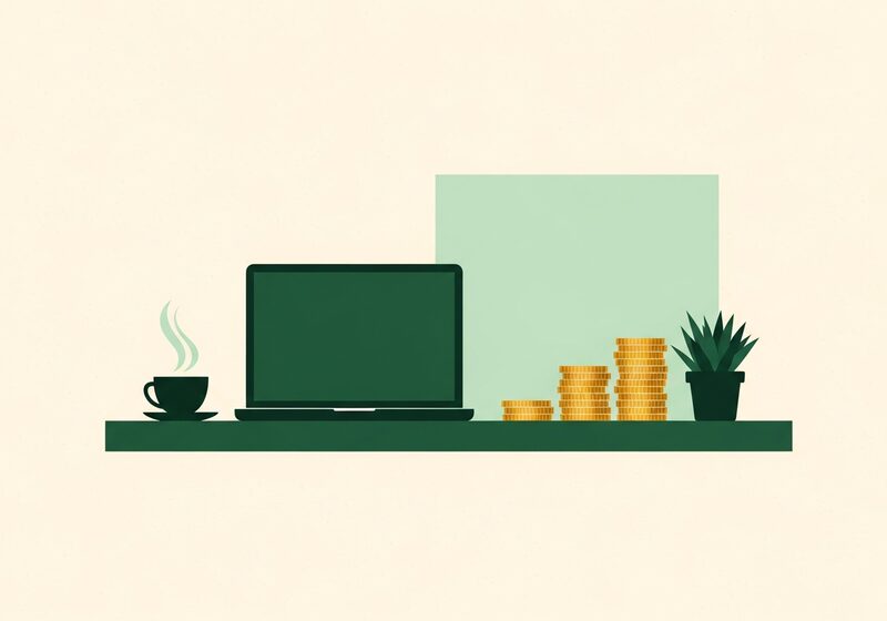 Illustration of a freelancer desk with laptop, coffee cup, and growing coin stack