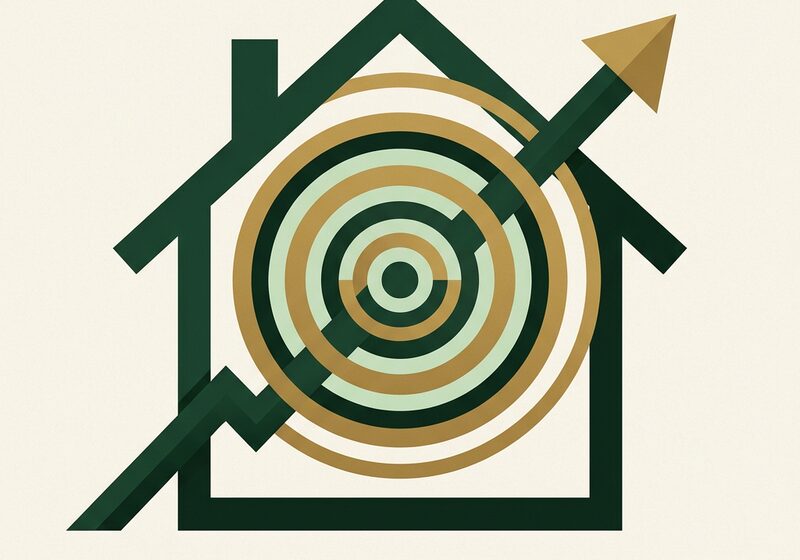 Illustration of a house outline with a rising graph arrow and nested concentric circles