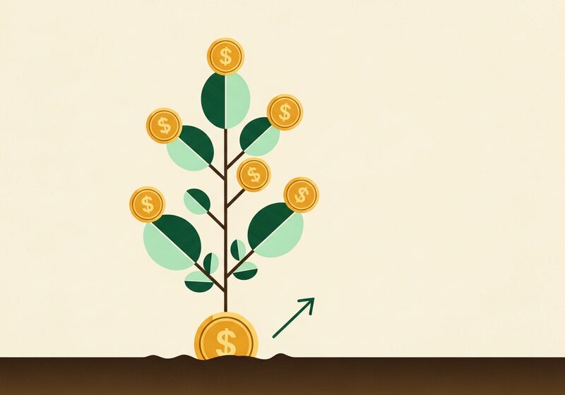 Illustration of a coin planted like a seed growing into a tree with coin leaves