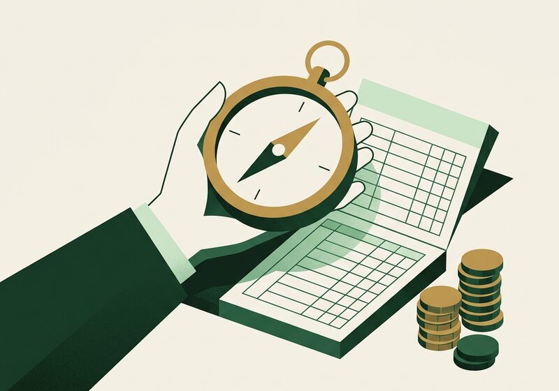 Illustration of a hand holding a compass over an open ledger and stacks of coins