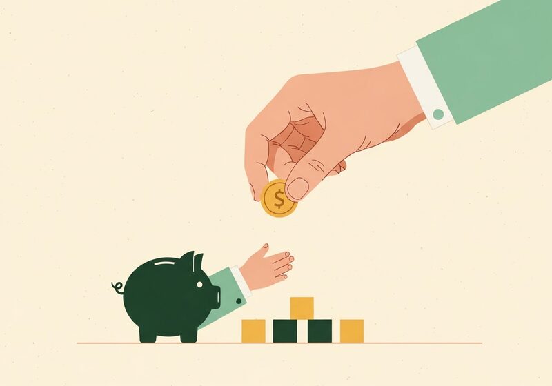 Illustration of an adult hand passing a coin to a child's hand beside a piggy bank