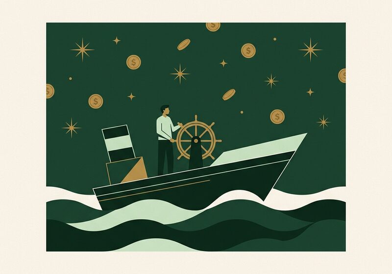 Illustration of a small figure calmly steering a large ship wheel over stylized waves