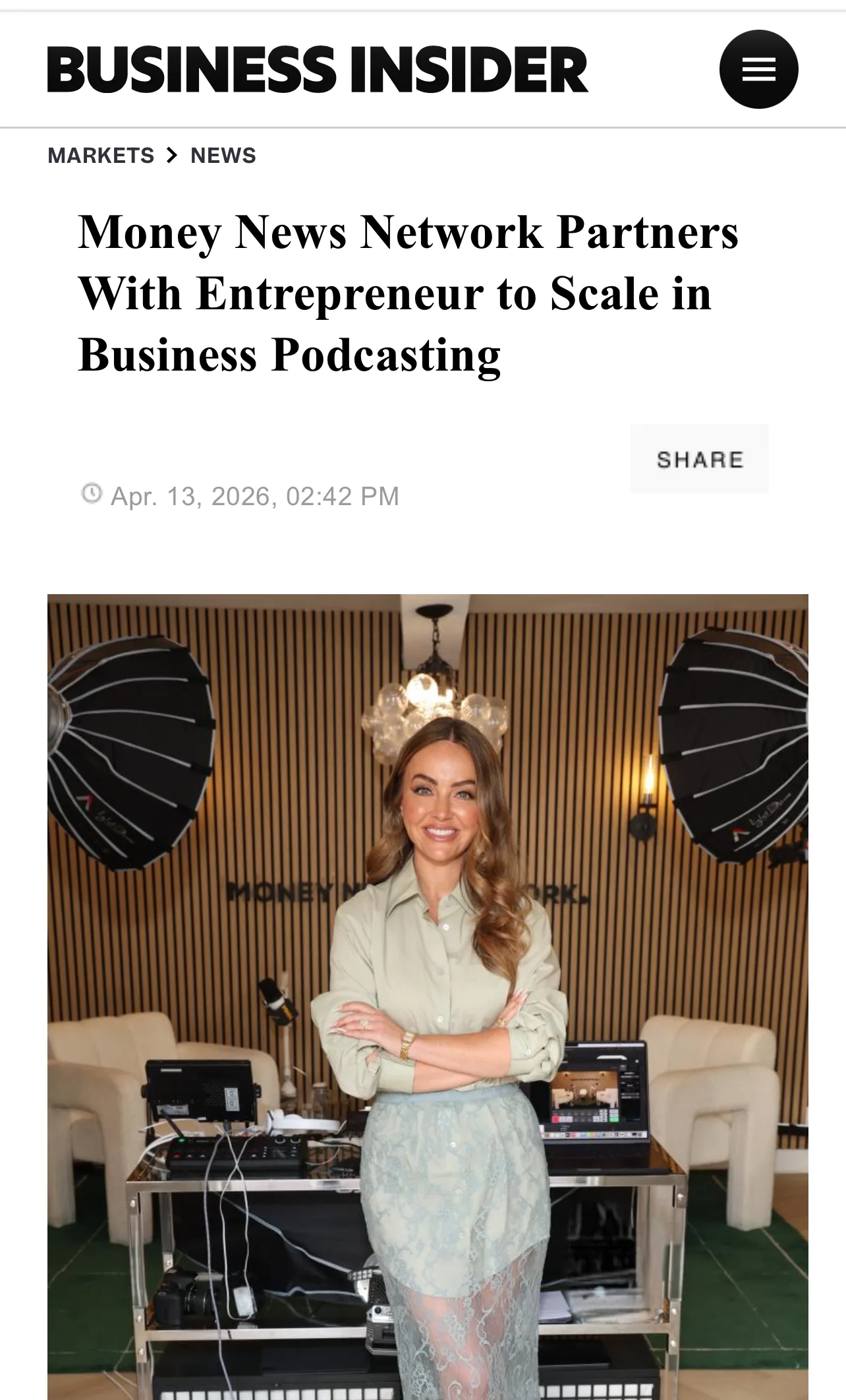 Screenshot of Business Insider's article about Money News Network partnering with Entrepreneur