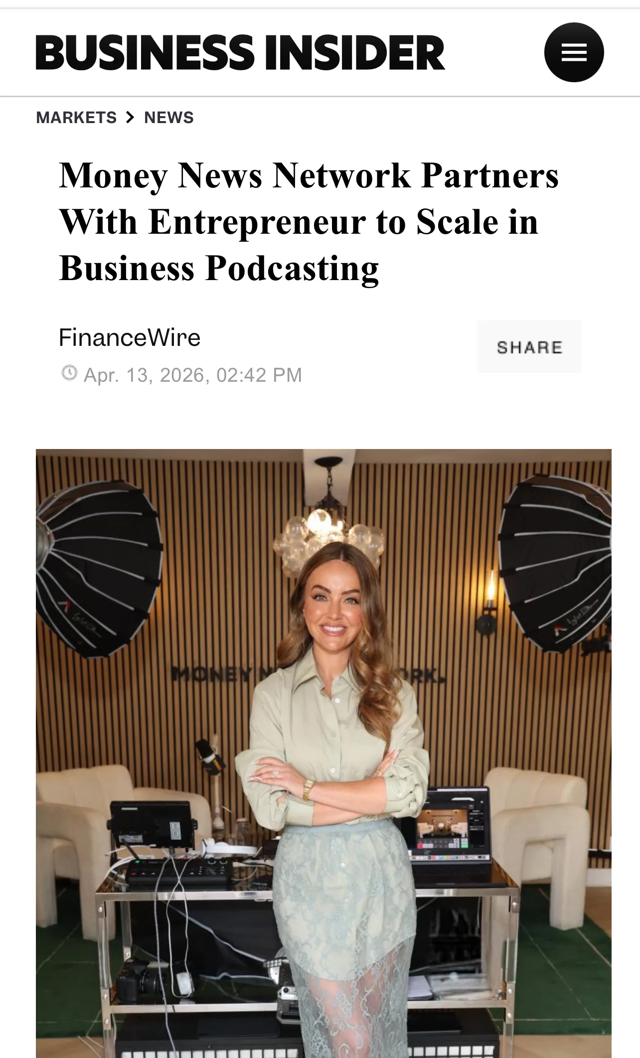 Screenshot of Business Insider's article about Money News Network partnering with Entrepreneur