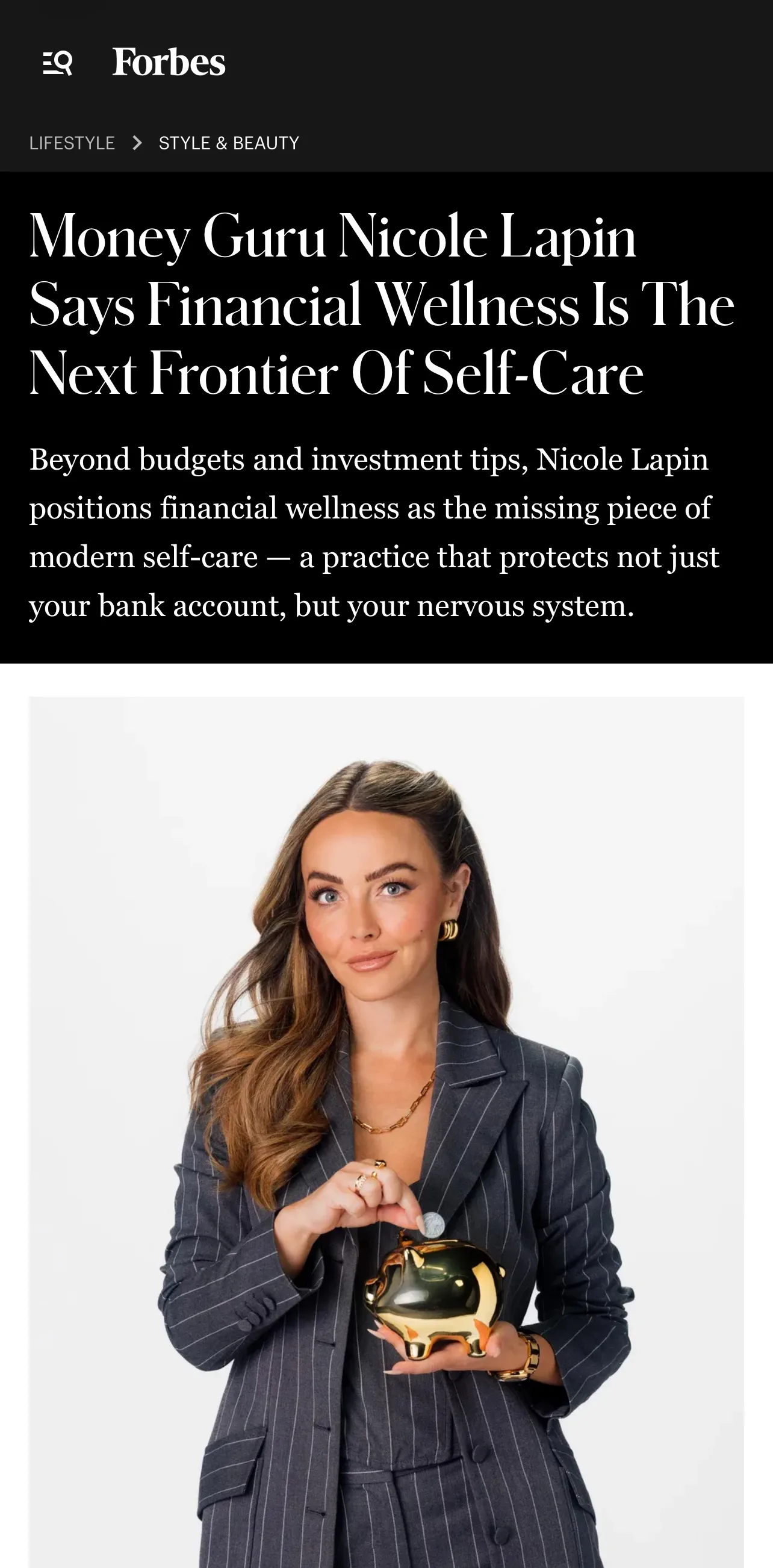Screenshot of Forbes' article about Nicole Lapin and financial wellness as self-care