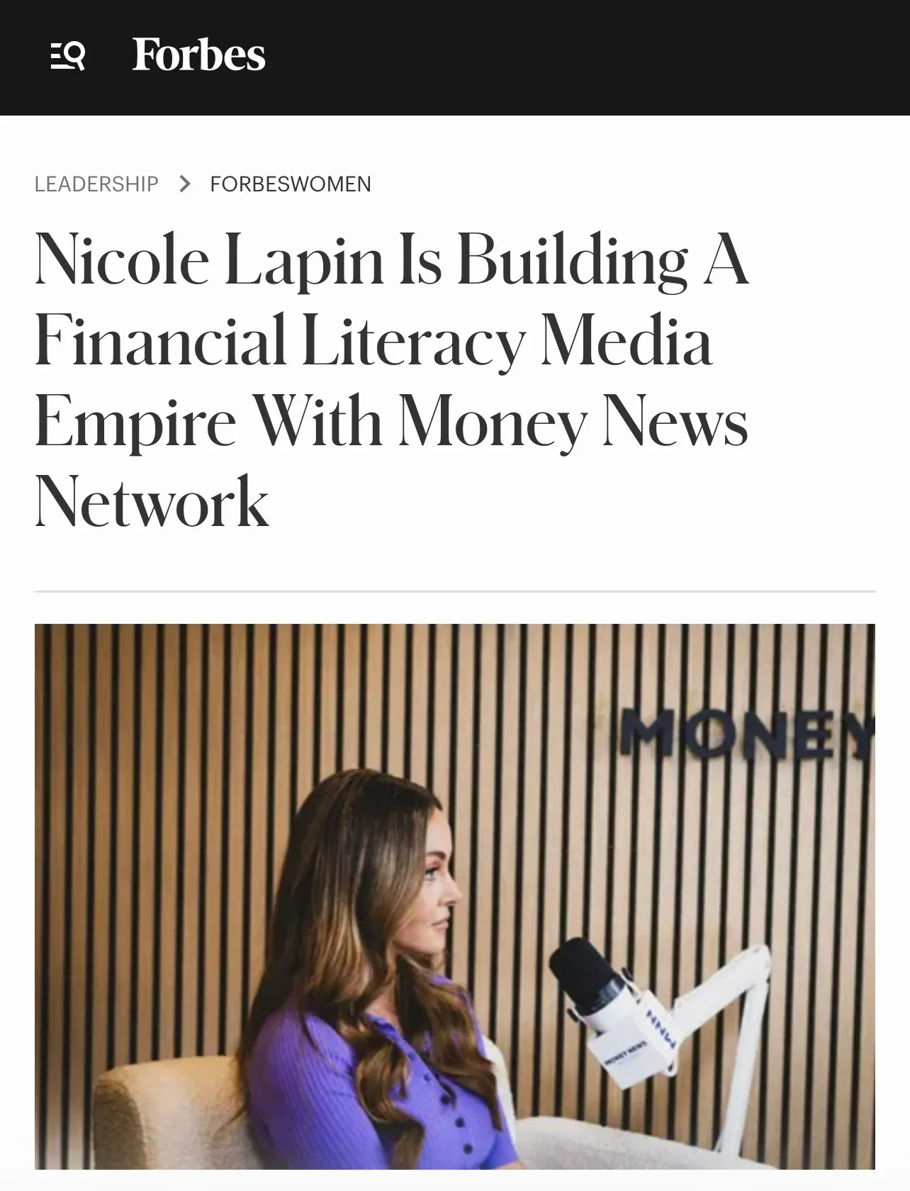 Screenshot of Forbes' article about Nicole Lapin building a financial literacy media empire