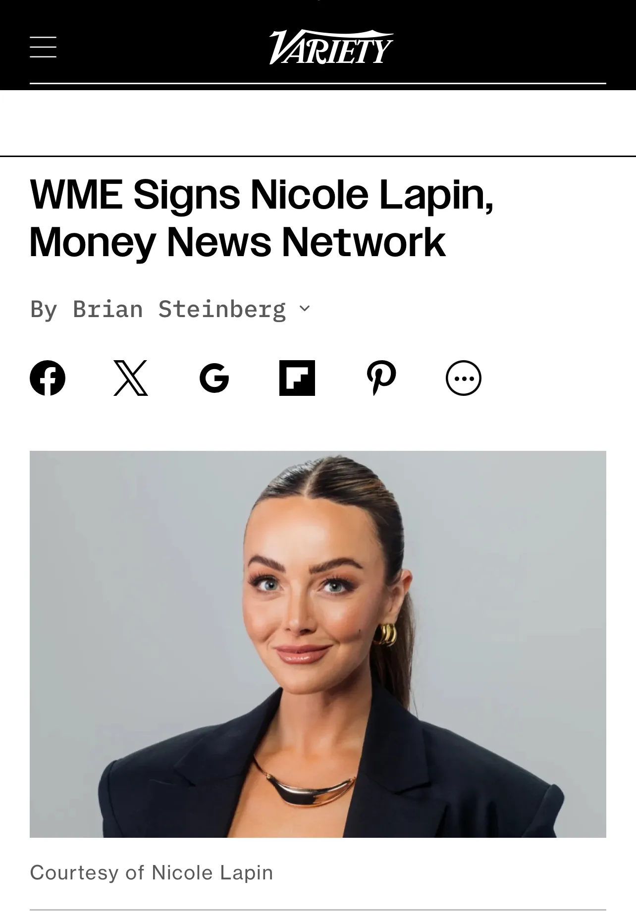 Screenshot of Variety's article about WME signing Nicole Lapin and Money News Network
