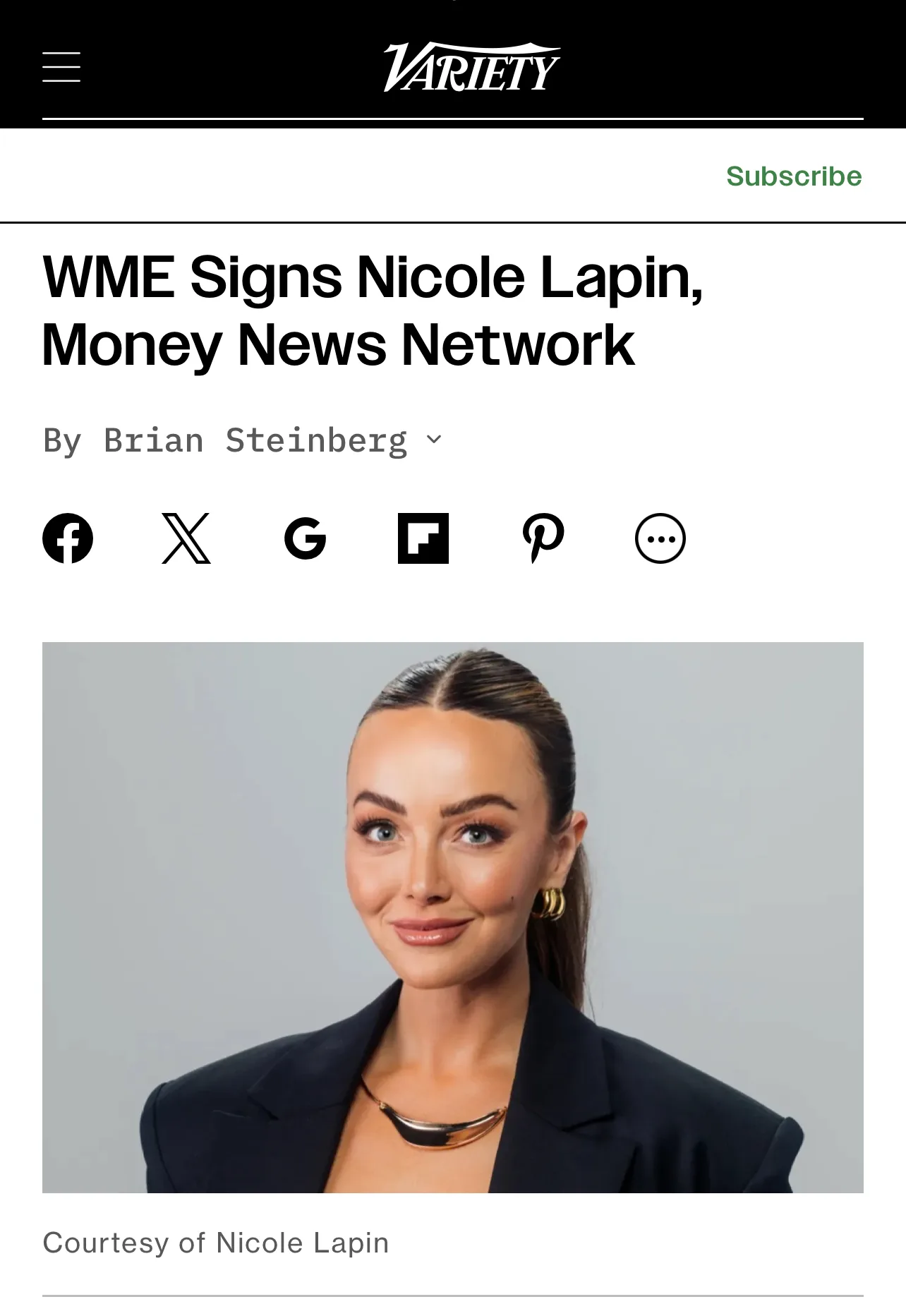 Screenshot of Variety's article about WME signing Nicole Lapin and Money News Network